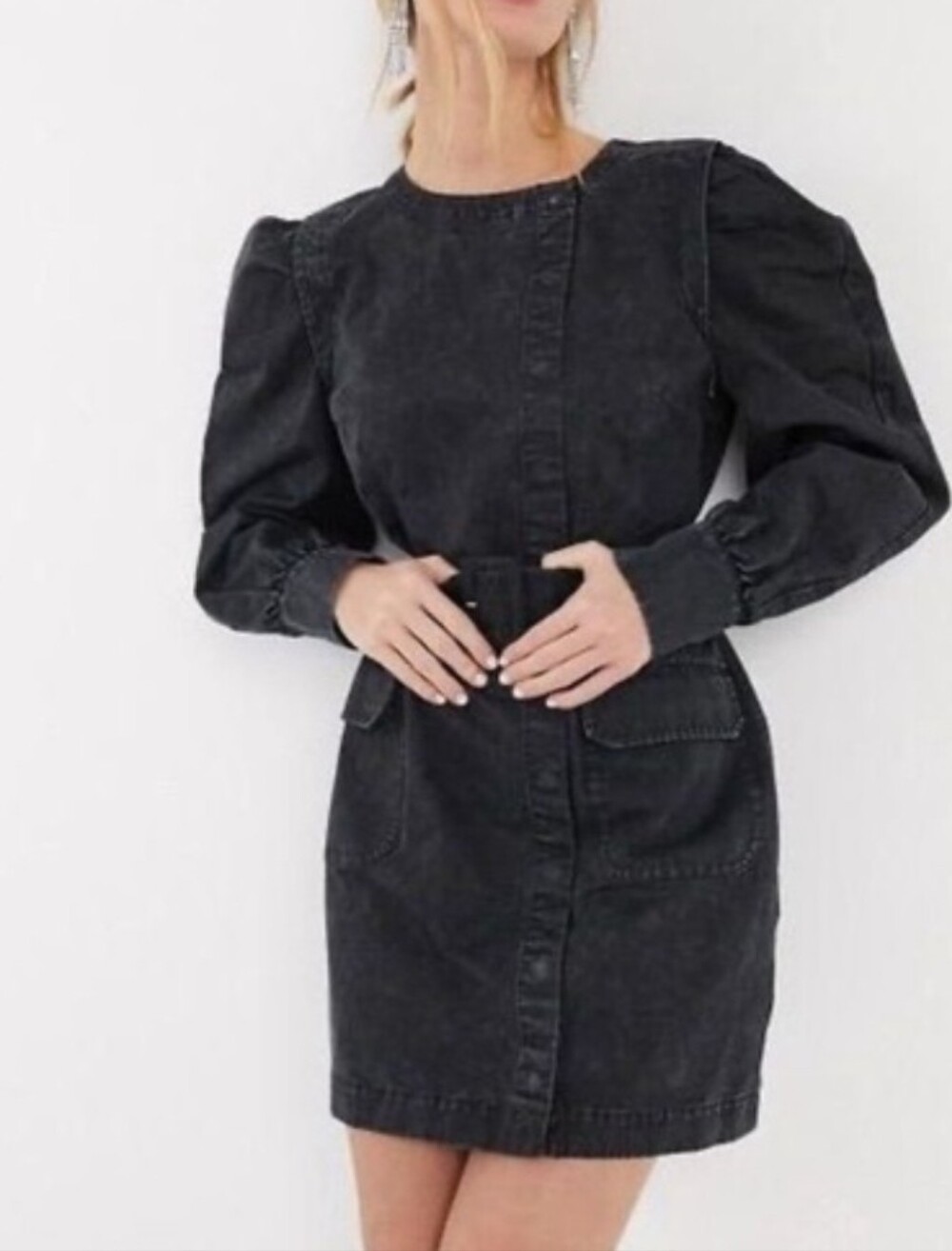 & Other Stories Black Long-Sleeve Denim Coat with Puff Shoulders